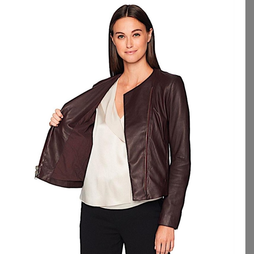 Vince collarless oxblood draped leather jacket